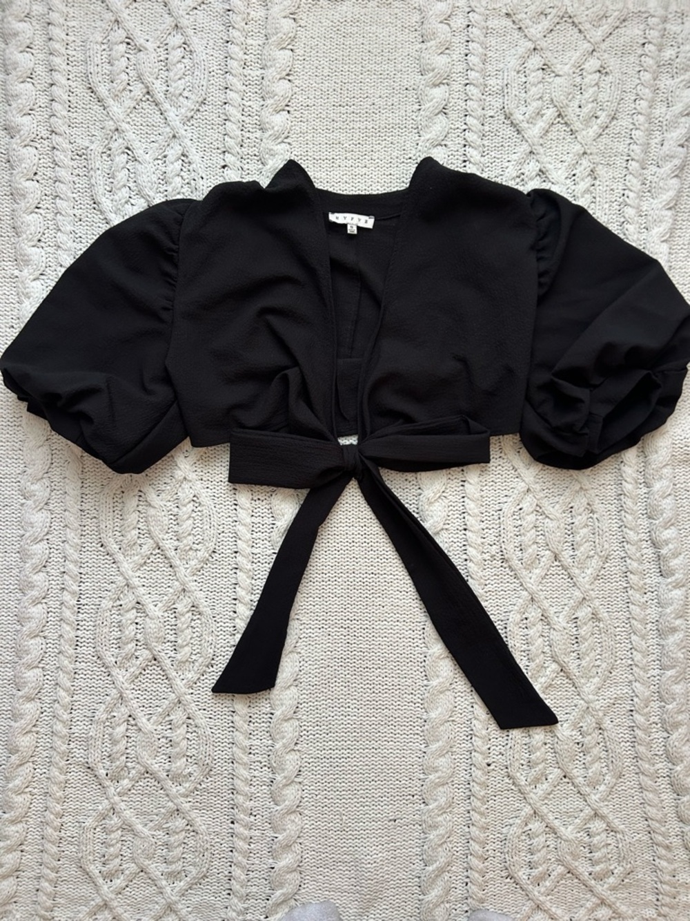 HYFVE Black Puff Sleeve Tie-Front Cropped Top